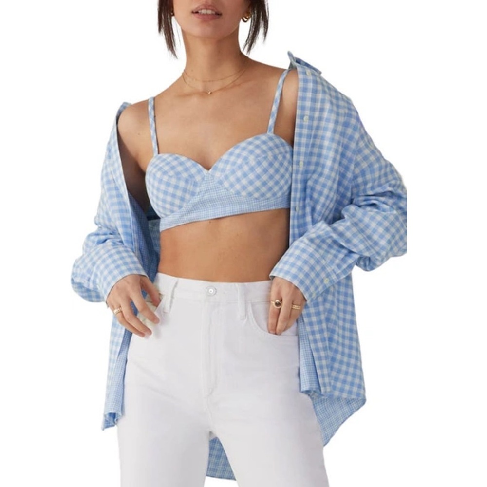 FAVORITE DAUGHTER Ex-Boyfriend Bra Top Blue Gingham Bralette Small Shabby Chic